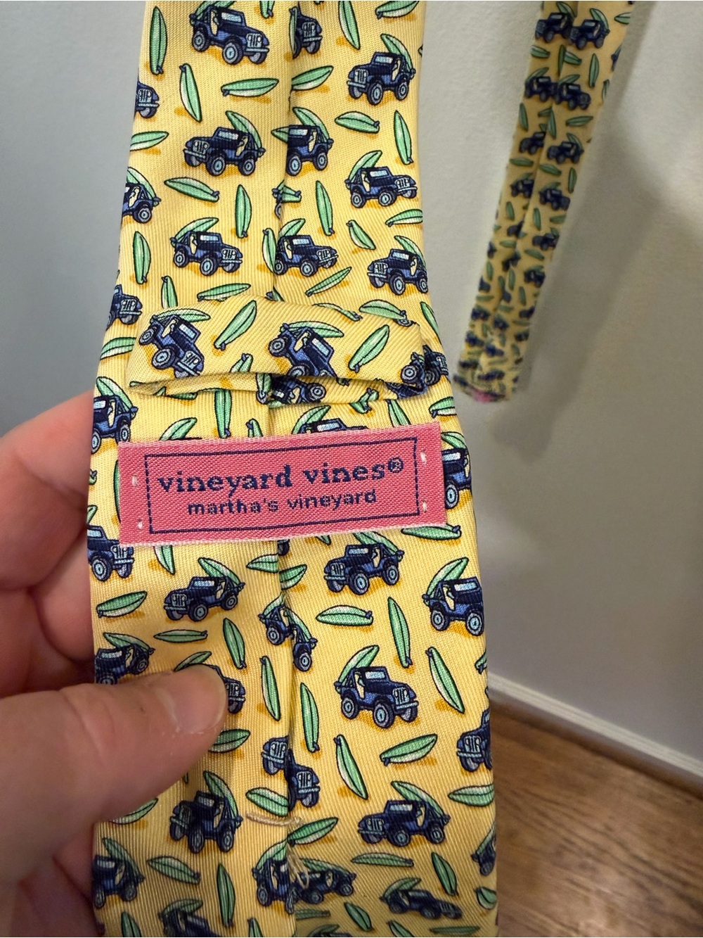 Vineyard Vines YOUTH Yellow Tie with Navy Jeep and Green Surfboard Motif